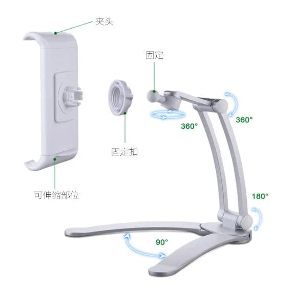 Silver aluminum alloy desktop stand holding a tablet at an angle, showing its adjustable clip and 360-degree rotation base.
