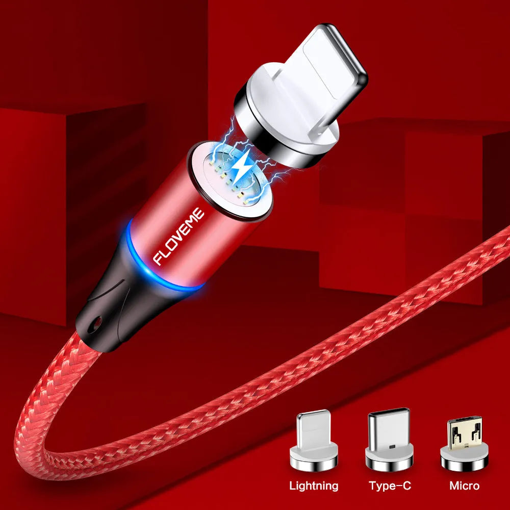 Magnetic smartphone charging cable with LED lights showing black, red, and silver colour options