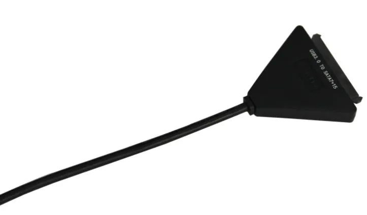 Black USB 3.0 to SATA 7+15 pin adapter cable with separate power supply line for external hard drive connection.