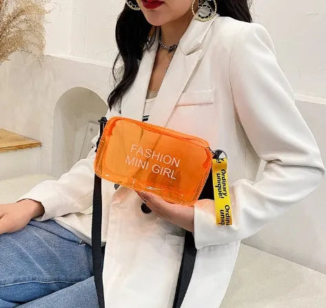 Transparent square jelly women's shoulder bag with an adjustable long strap, shown in multiple colours.