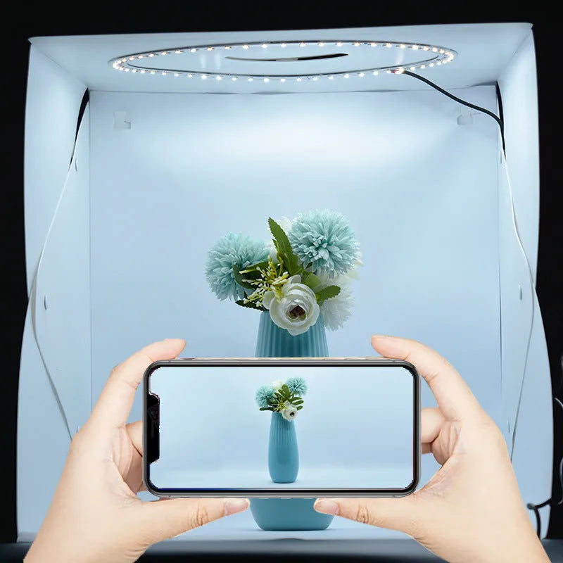 40cm folding studio LED soft light box with adjustable colour temperature and six colour background cloths