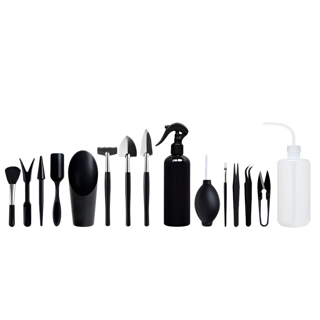 Black plastic and metal succulent gardening tools set with 15 pieces including cushion