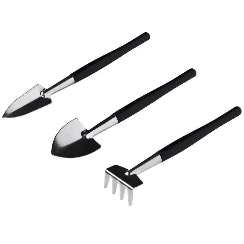 Black plastic and metal succulent gardening tools set with 15 pieces including cushion