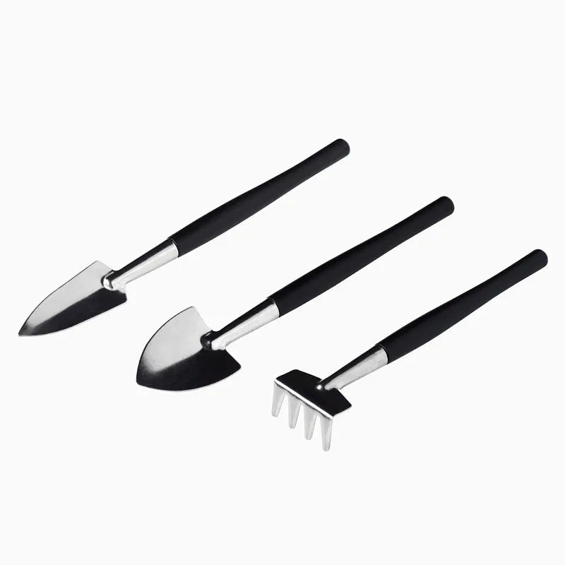 Black plastic and metal succulent gardening tools set with 15 pieces including cushion