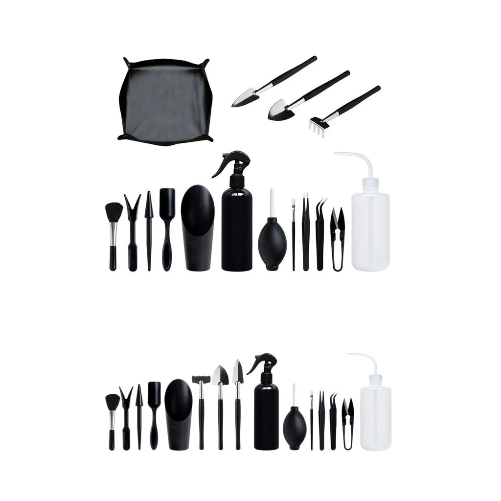 Black plastic and metal succulent gardening tools set with 15 pieces including cushion