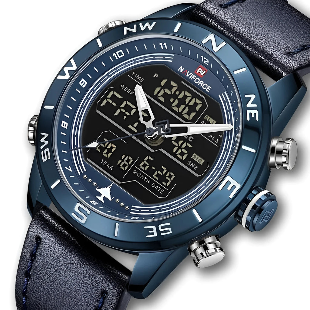 NAVIFORCE Lingxiang 9144 men's watch with black dial, leather strap, and alloy case
