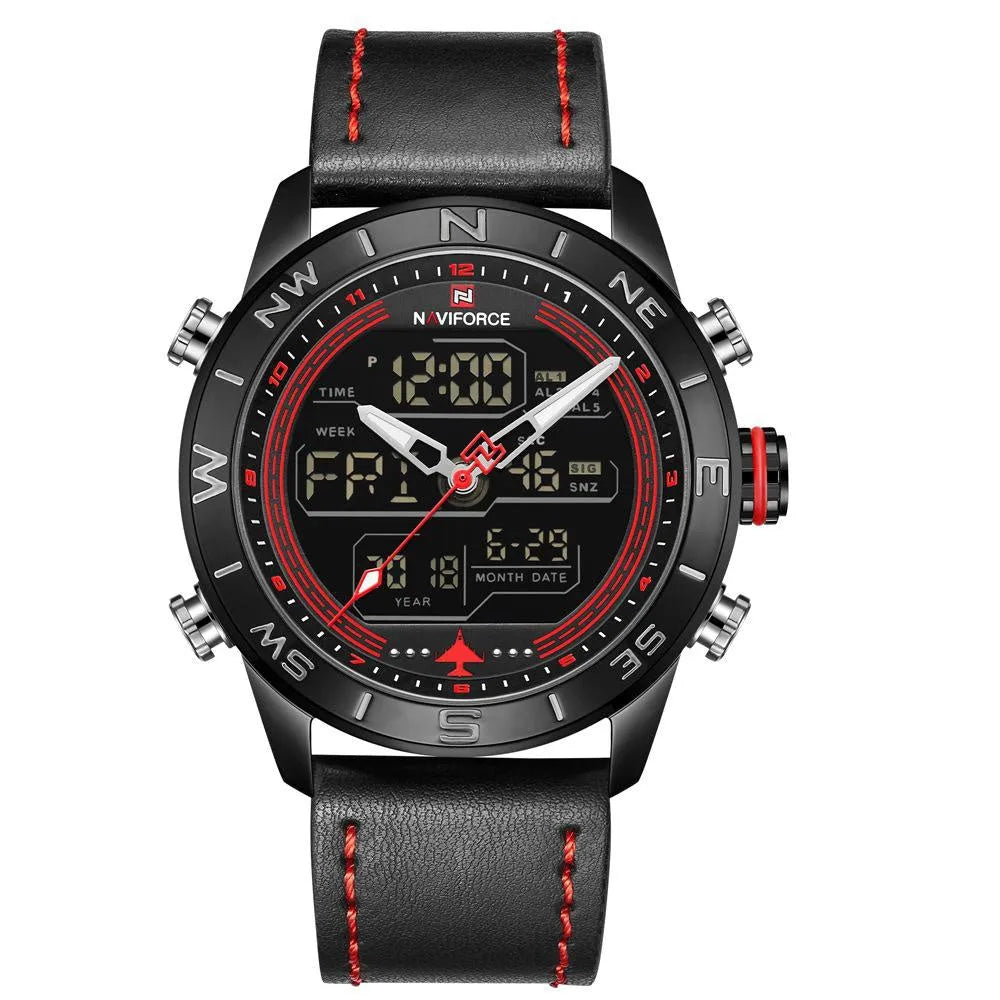 NAVIFORCE Lingxiang 9144 men's watch with black dial, leather strap, and alloy case