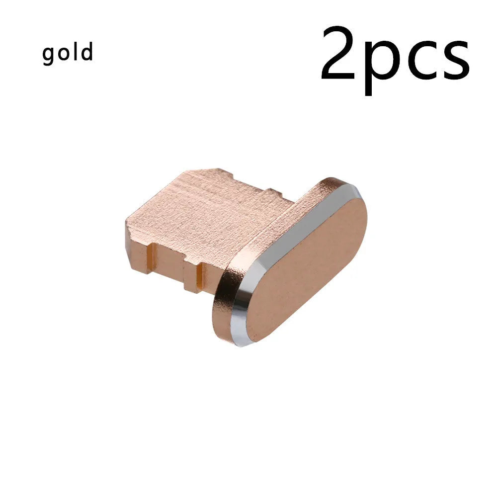 Aluminium alloy dust plug for iPhone charging port in gold, silver, blue, red, grey, black, and rose gold colours.