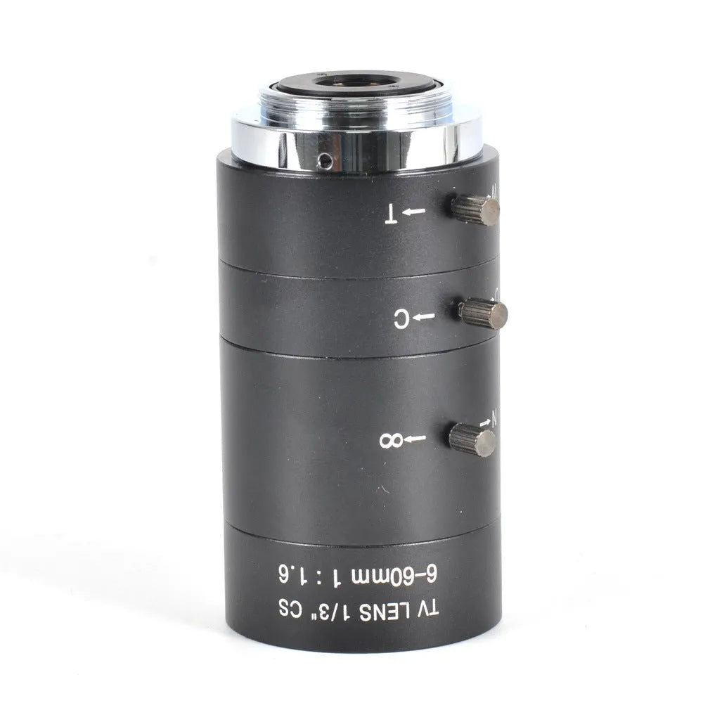 Black manual aperture 6-60mm camera lens with CS mount for 1/3" sensor systems