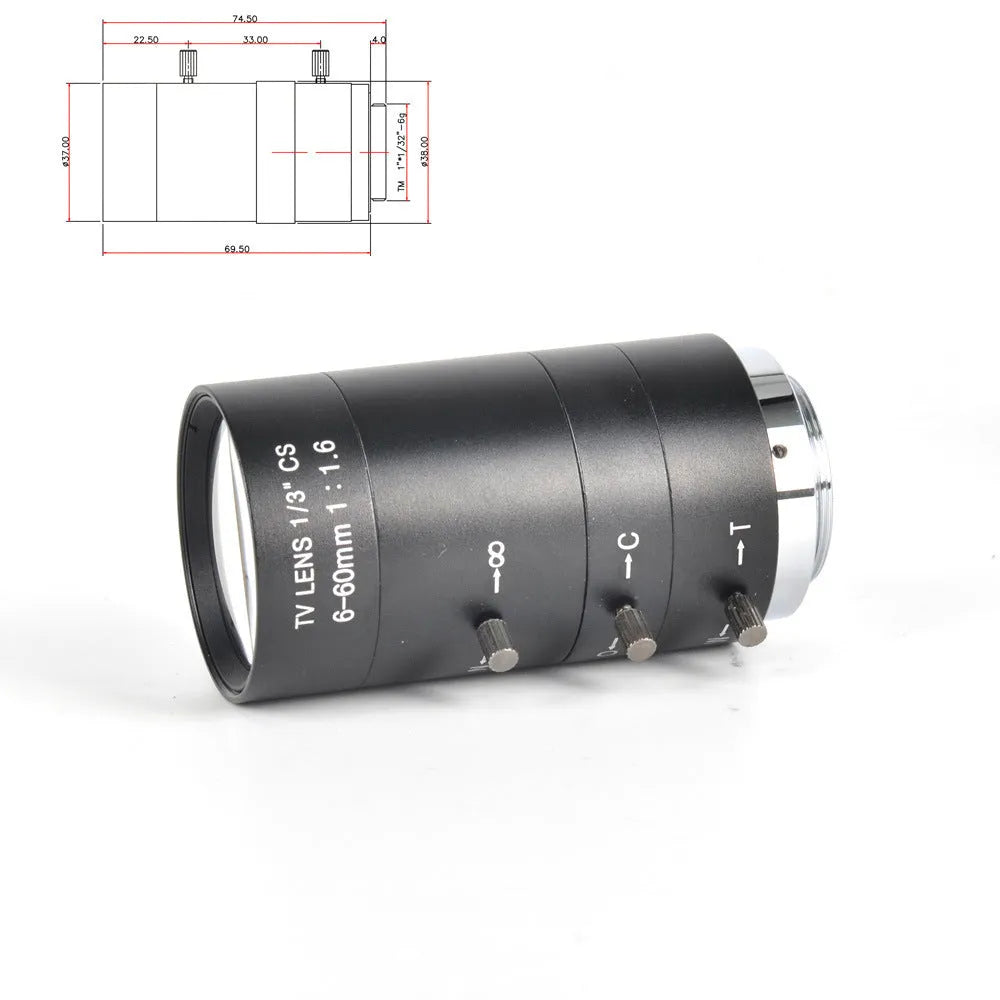 Black manual aperture 6-60mm camera lens with CS mount for 1/3" sensor systems