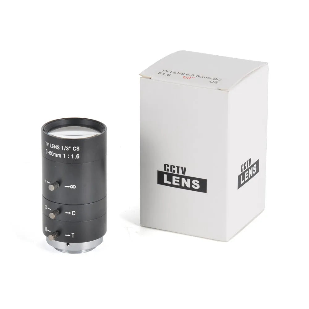 Black manual aperture 6-60mm camera lens with CS mount for 1/3" sensor systems