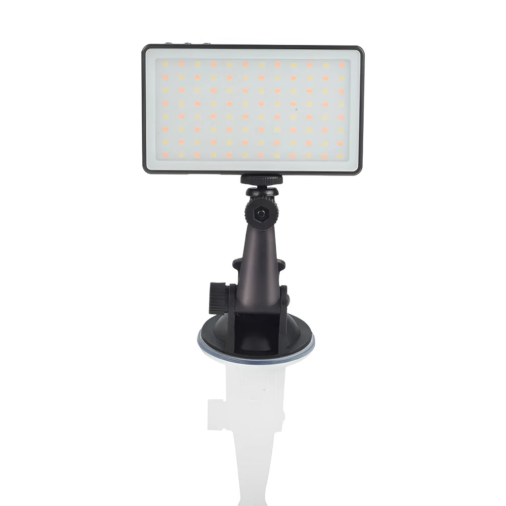 Black aluminium alloy LED video light with 96 LEDs, LOED screen, and a 1/4-inch mounting thread on the back.