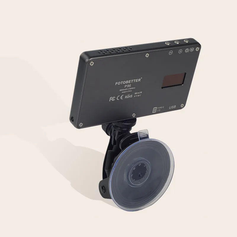Black aluminium alloy LED video light with 96 LEDs, LOED screen, and a 1/4-inch mounting thread on the back.