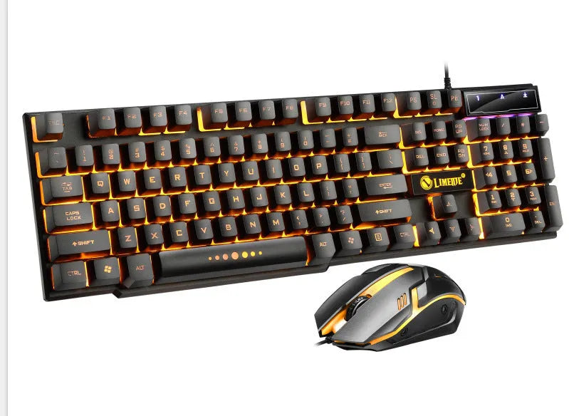 Limei Gtx300 black and white gaming keyboard and mouse set with backlight on desktop