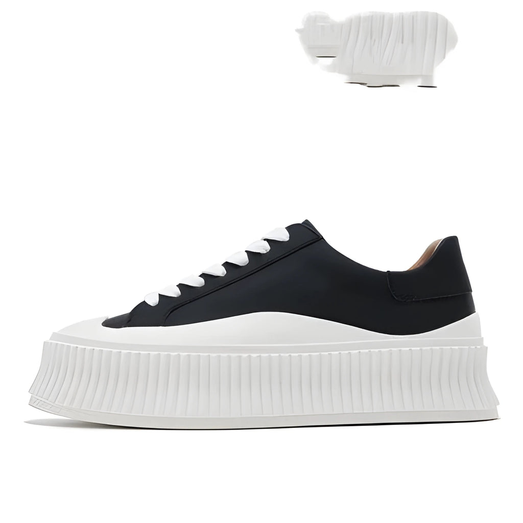 Women's white platform trainers with thick sole and back lacing on cowhide suede leather
