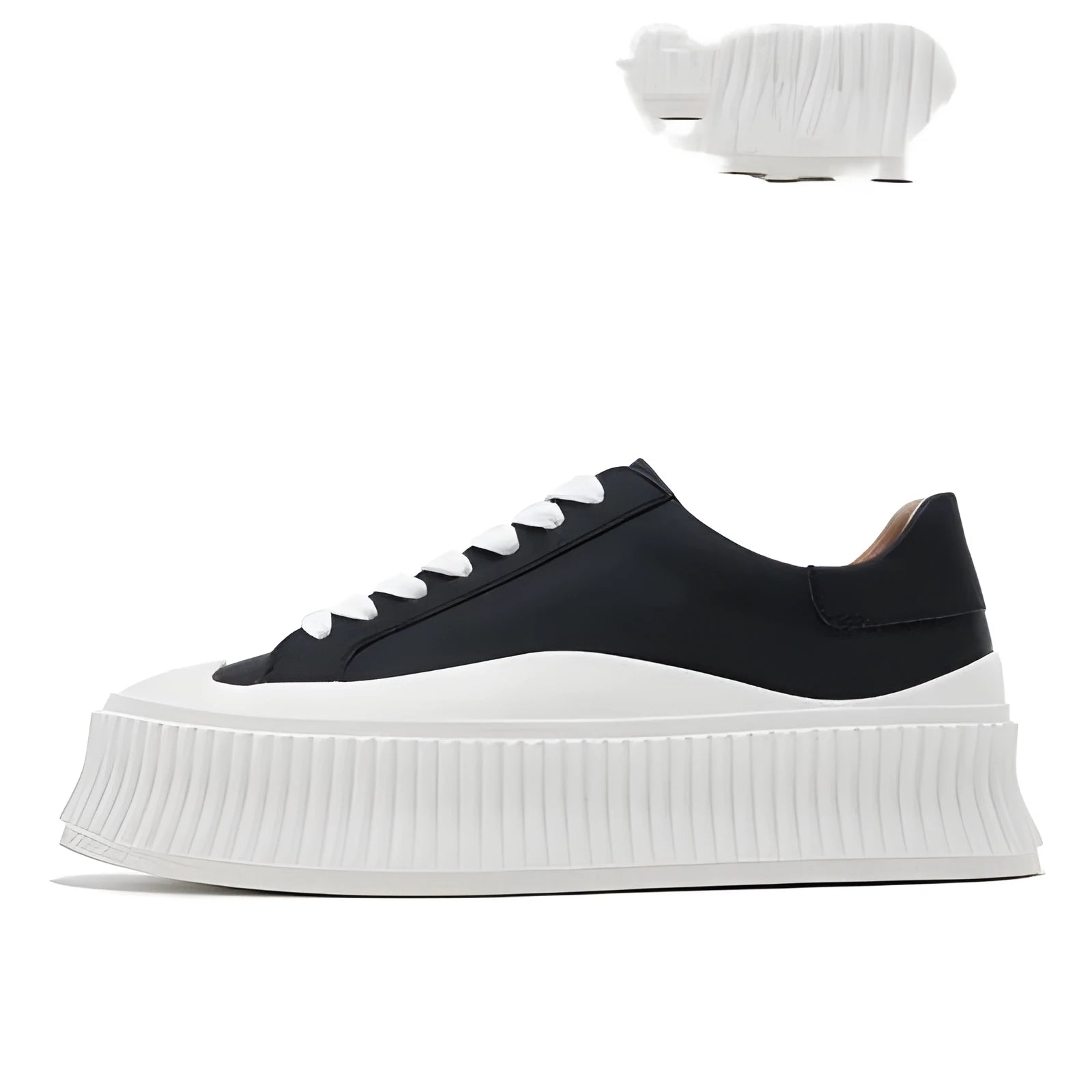 Women's white platform trainers with thick sole and back lacing on cowhide suede leather