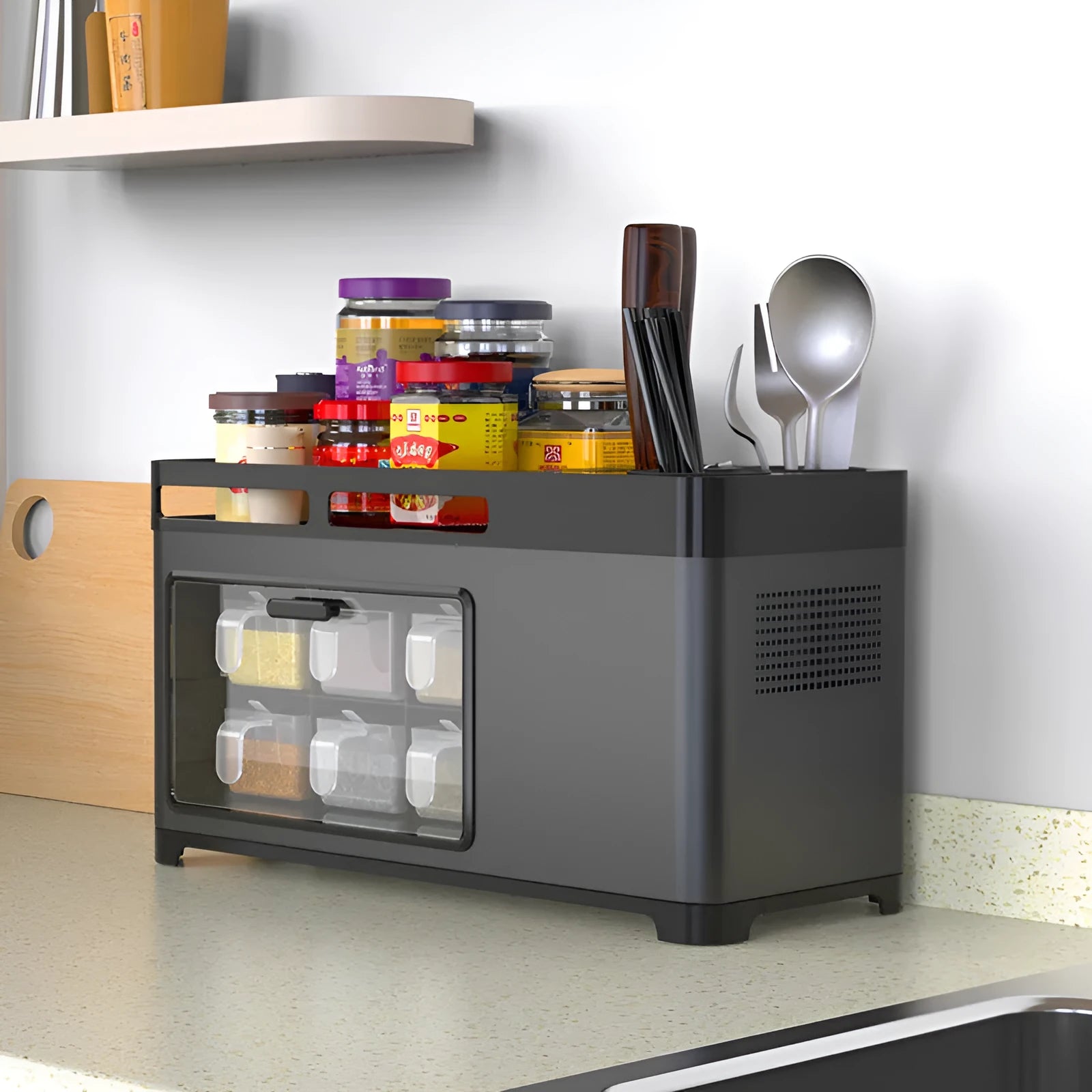 Multifunctional storage box for kitchen shelf with lid PP and 201 stainless steel modern simple style