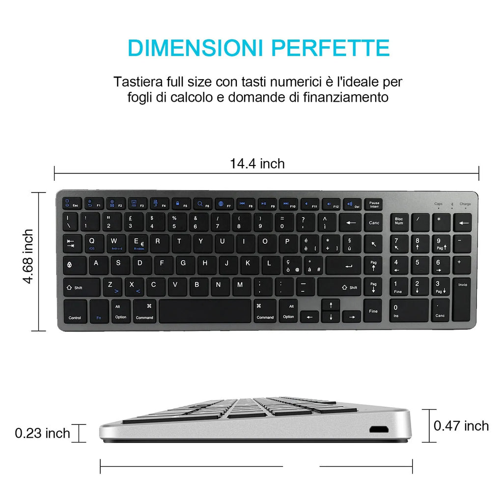 White Bluetooth keyboard with 104 keys next to iPad tablet showing compact 362mm size
