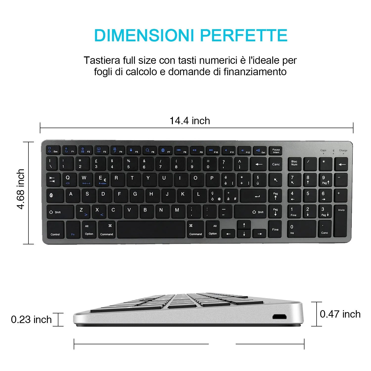 White Bluetooth keyboard with 104 keys next to iPad tablet showing compact 362mm size