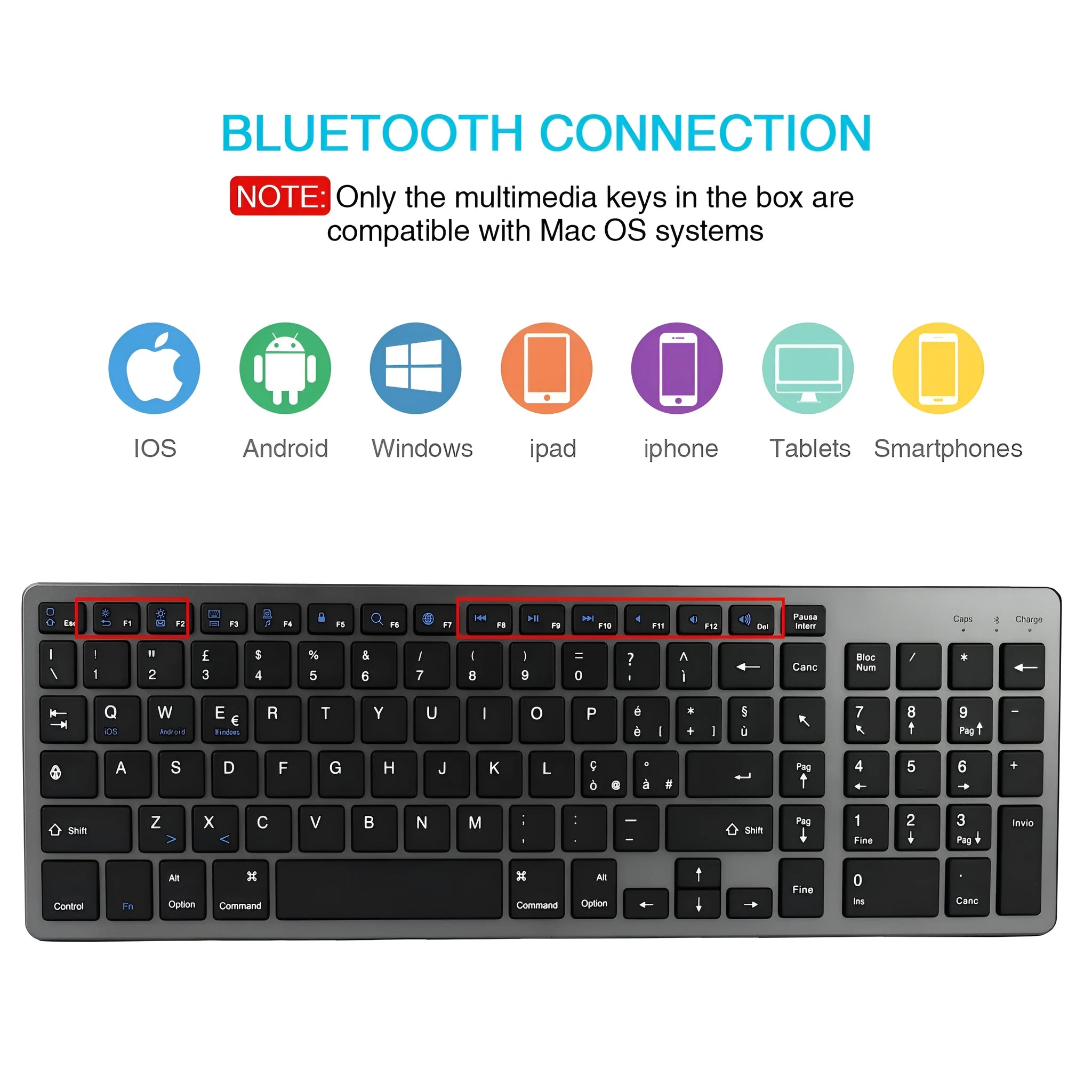 White Bluetooth keyboard with 104 keys next to iPad tablet showing compact 362mm size