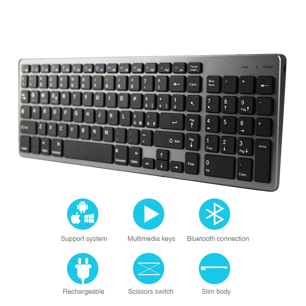 White Bluetooth keyboard with 104 keys next to iPad tablet showing compact 362mm size