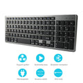 White Bluetooth keyboard with 104 keys next to iPad tablet showing compact 362mm size
