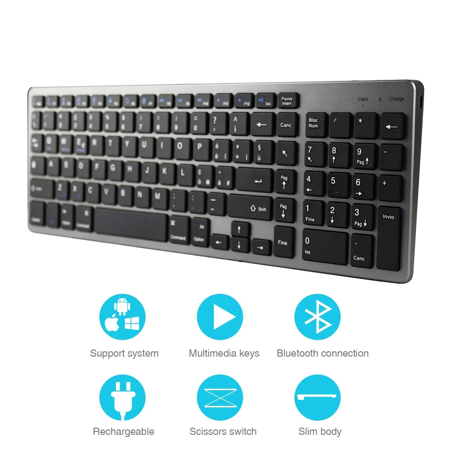 White Bluetooth keyboard with 104 keys next to iPad tablet showing compact 362mm size
