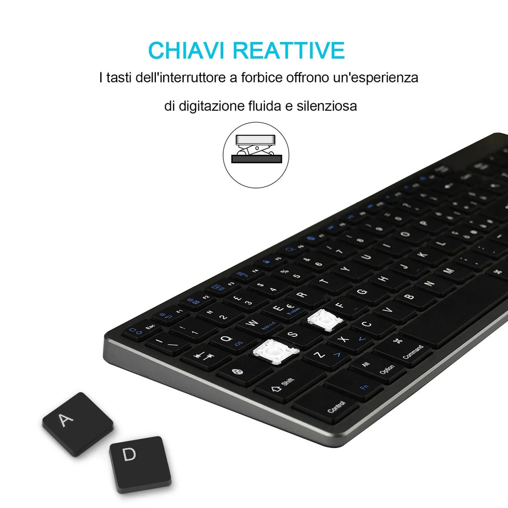 White Bluetooth keyboard with 104 keys next to iPad tablet showing compact 362mm size