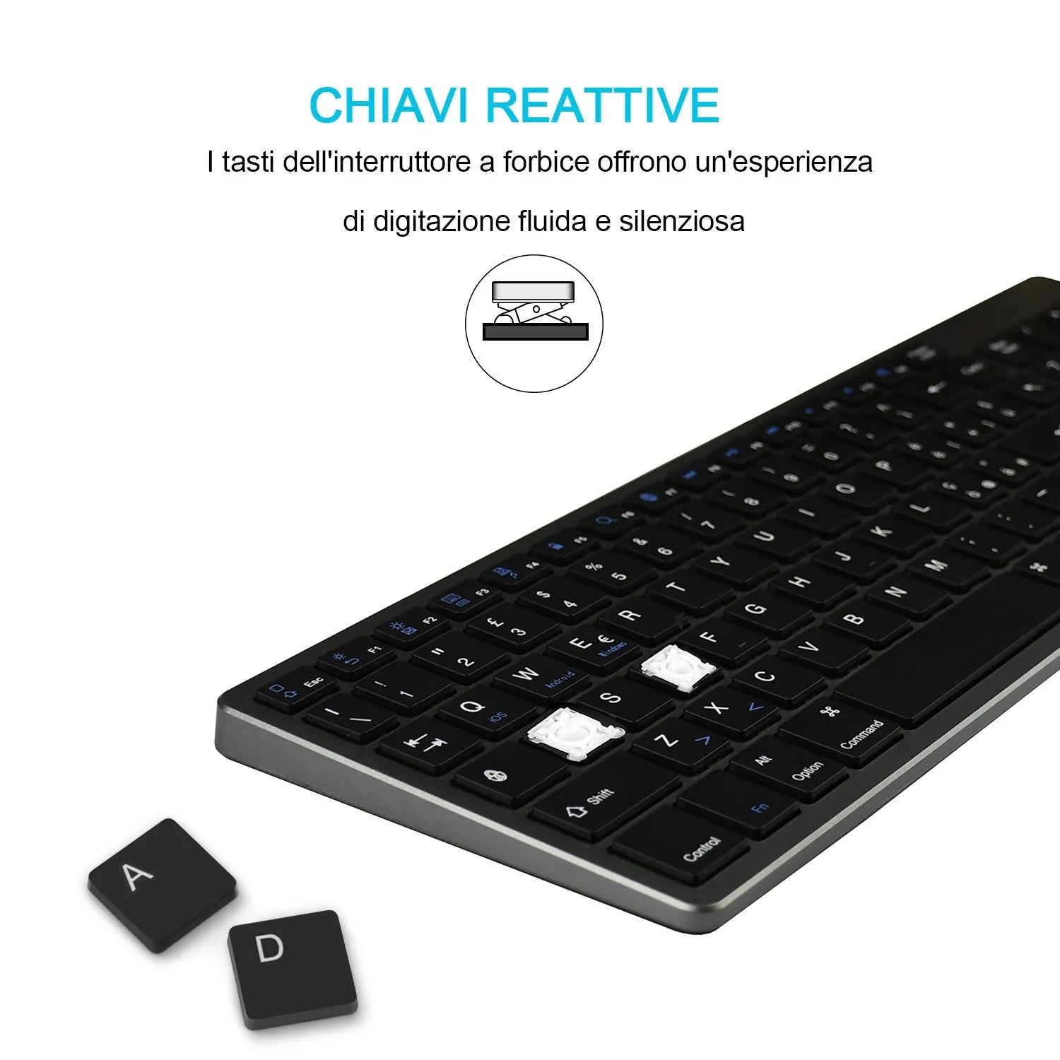 White Bluetooth keyboard with 104 keys next to iPad tablet showing compact 362mm size