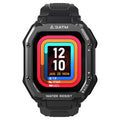 Army green rugged smart watch with 1.69-inch screen showing sports activity display on silicone wristband