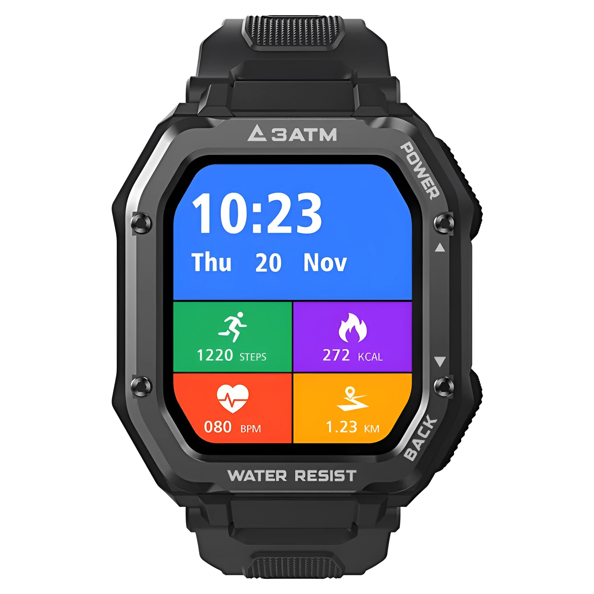 Army green rugged smart watch with 1.69-inch screen showing sports activity display on silicone wristband