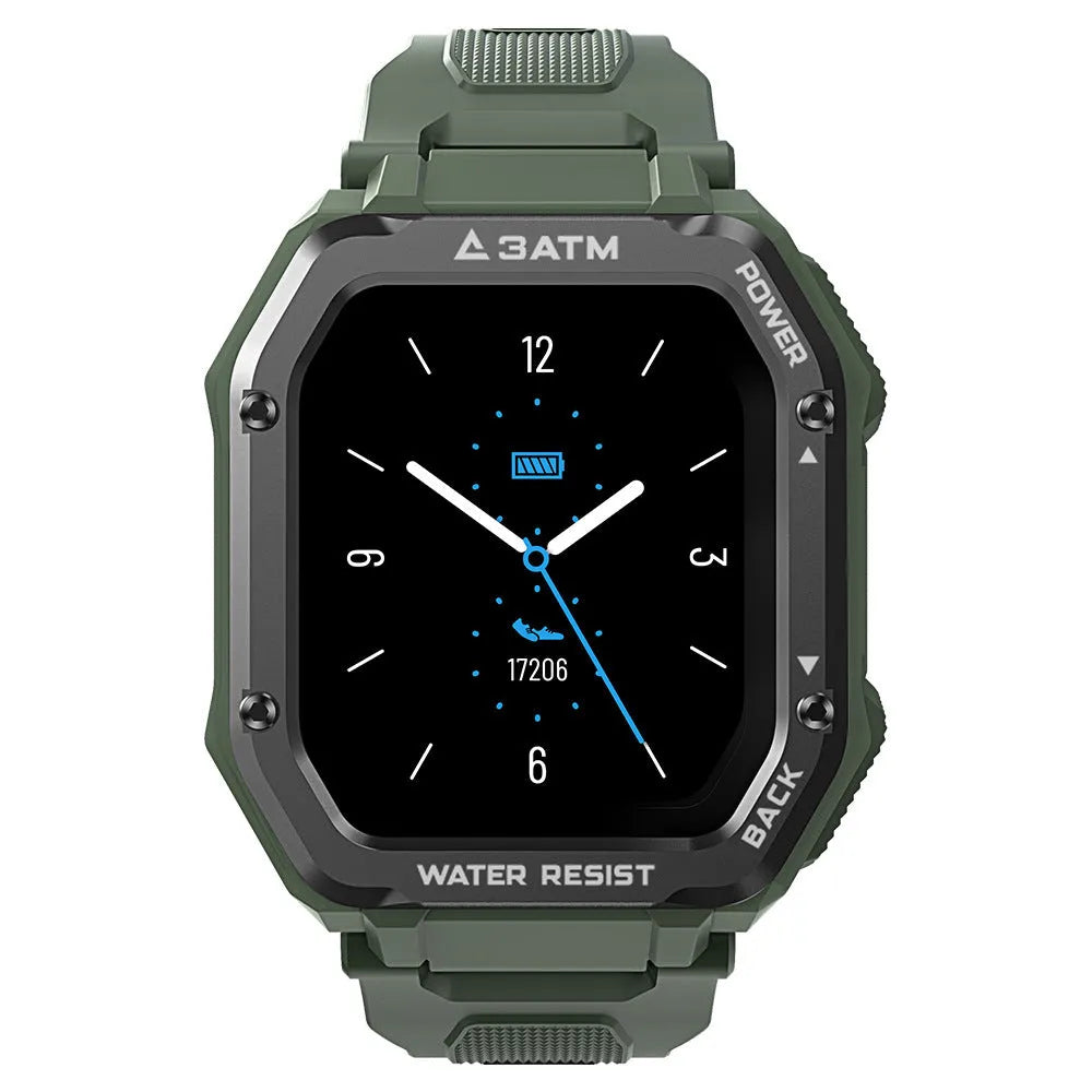 Army green rugged smart watch with 1.69-inch screen showing sports activity display on silicone wristband