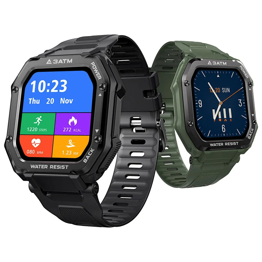 Army green rugged smart watch with 1.69-inch screen showing sports activity display on silicone wristband