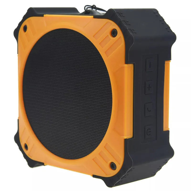 Compact circular waterproof Bluetooth speaker in black or blue with wrist strap for outdoor use