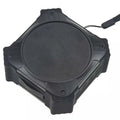 Compact circular waterproof Bluetooth speaker in black or blue with wrist strap for outdoor use