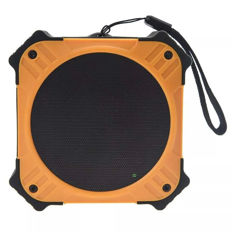 Compact circular waterproof Bluetooth speaker in black or blue with wrist strap for outdoor use