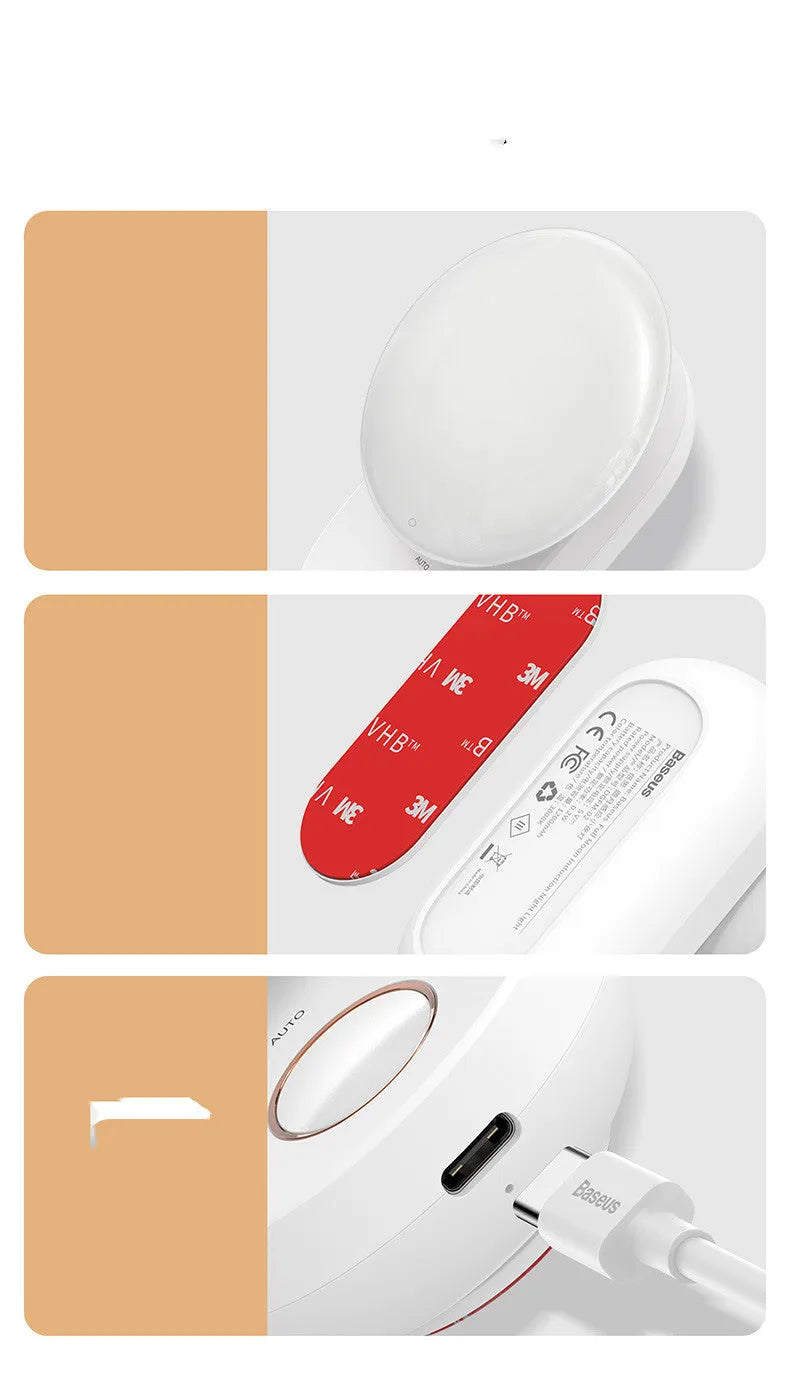 Baseus Sunshine Series white rechargeable motion sensor night light on a bedside table.