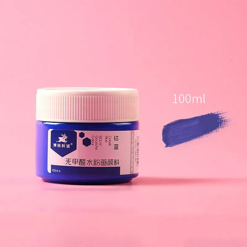 Bottled 100g gouache paint for beginners in eight different colours.
