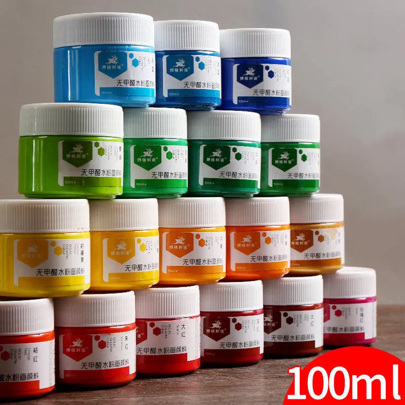 Bottled 100g gouache paint for beginners in eight different colours.