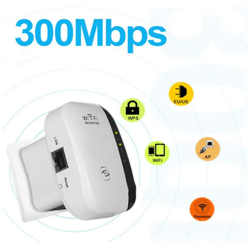 Black and white WiFi repeater with UK EU US AU plugs and 1 metre network cable for signal extension