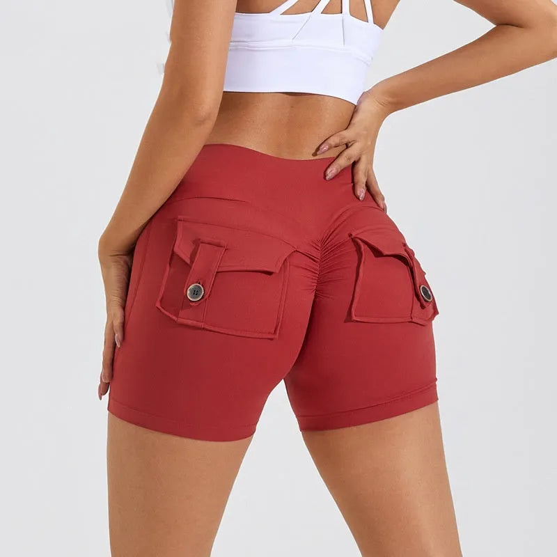 Women's high waist hip lifting sports shorts with pockets in avocado green colour