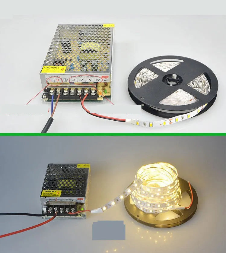Close-up of a flexible white LED light strip (soft belt) showing either 120 or 60 LEDs per metre.