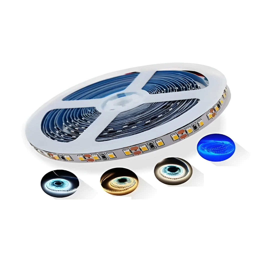 Close-up of a flexible white LED light strip (soft belt) showing either 120 or 60 LEDs per metre.
