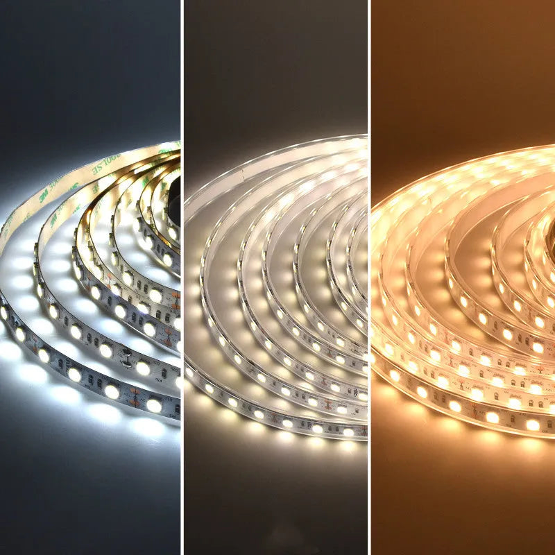 Close-up of a flexible white LED light strip (soft belt) showing either 120 or 60 LEDs per metre.