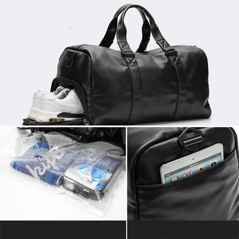Black waterproof PU leather sports training bag with multiple internal organisation pockets and a single shoulder strap