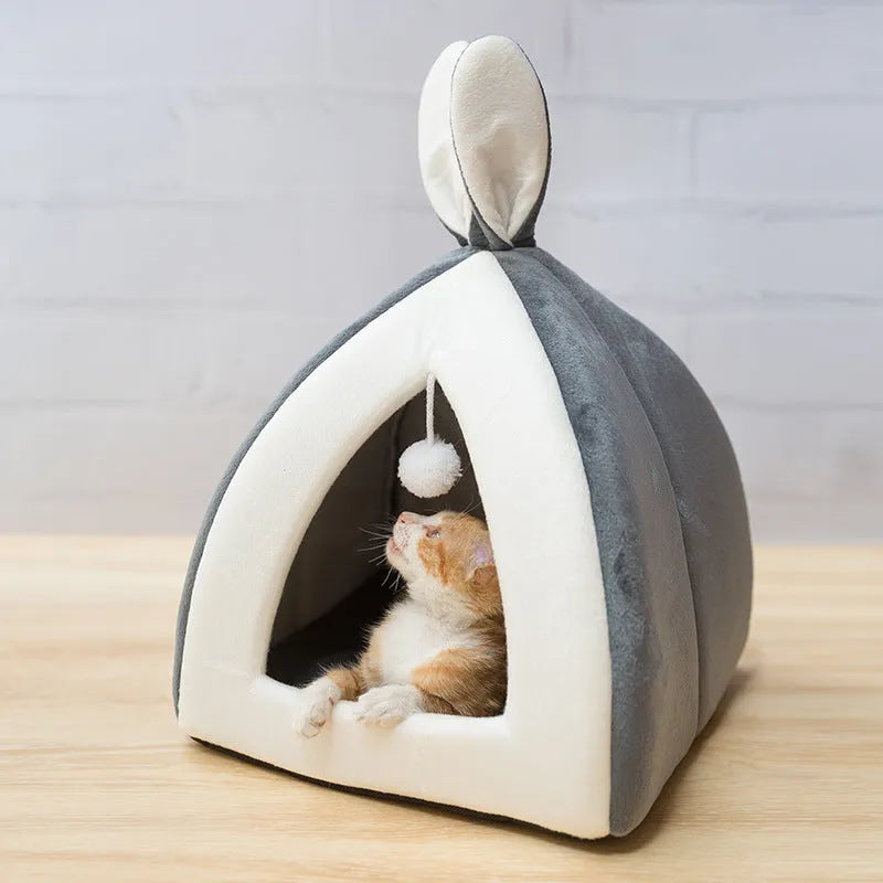 Grey cloth cat house pet bed showing enclosed villa-style design for indoor use