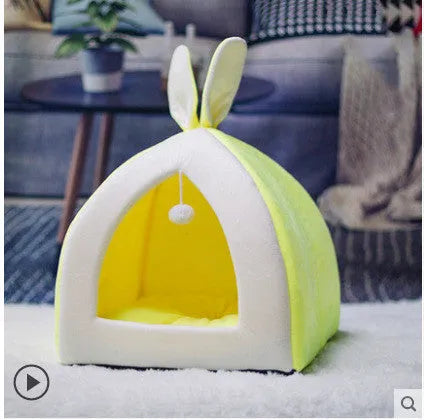 Grey cloth cat house pet bed showing enclosed villa-style design for indoor use