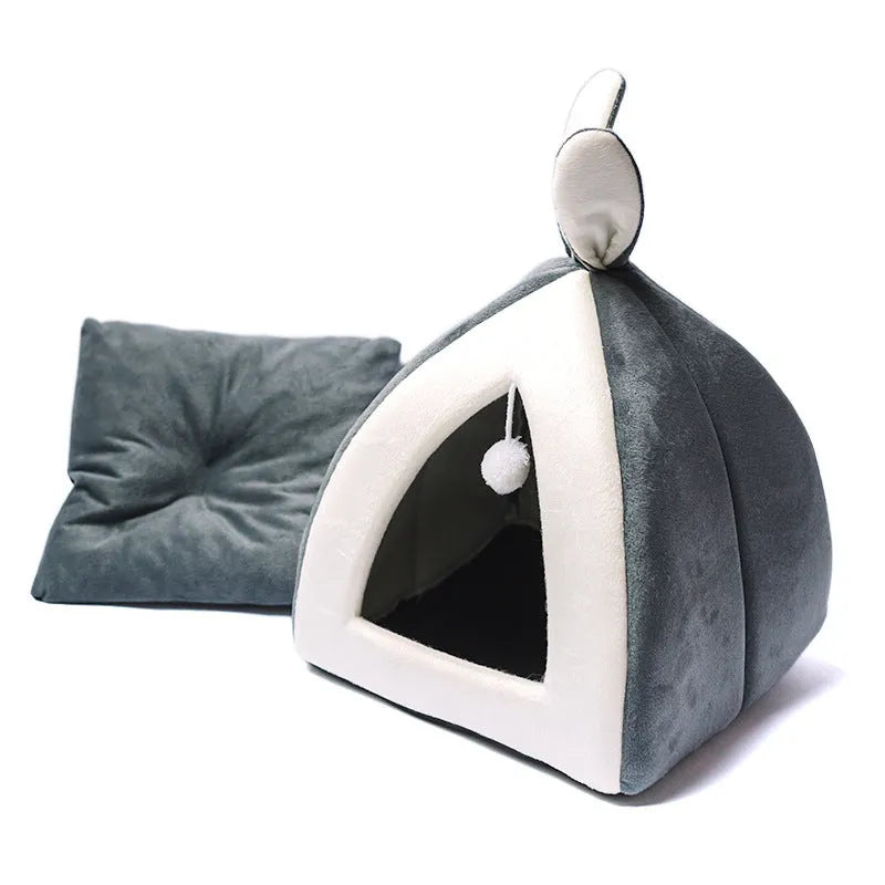 Grey cloth cat house pet bed showing enclosed villa-style design for indoor use