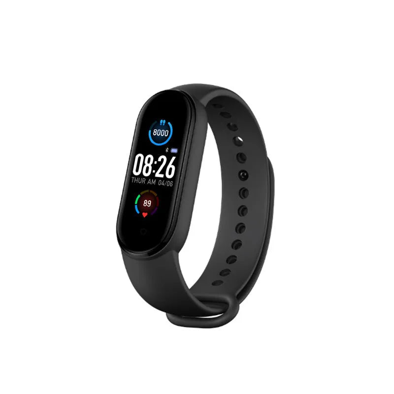 M5 Smart Bracelet in black on a wrist, showing the 0.96-inch screen displaying fitness metrics.