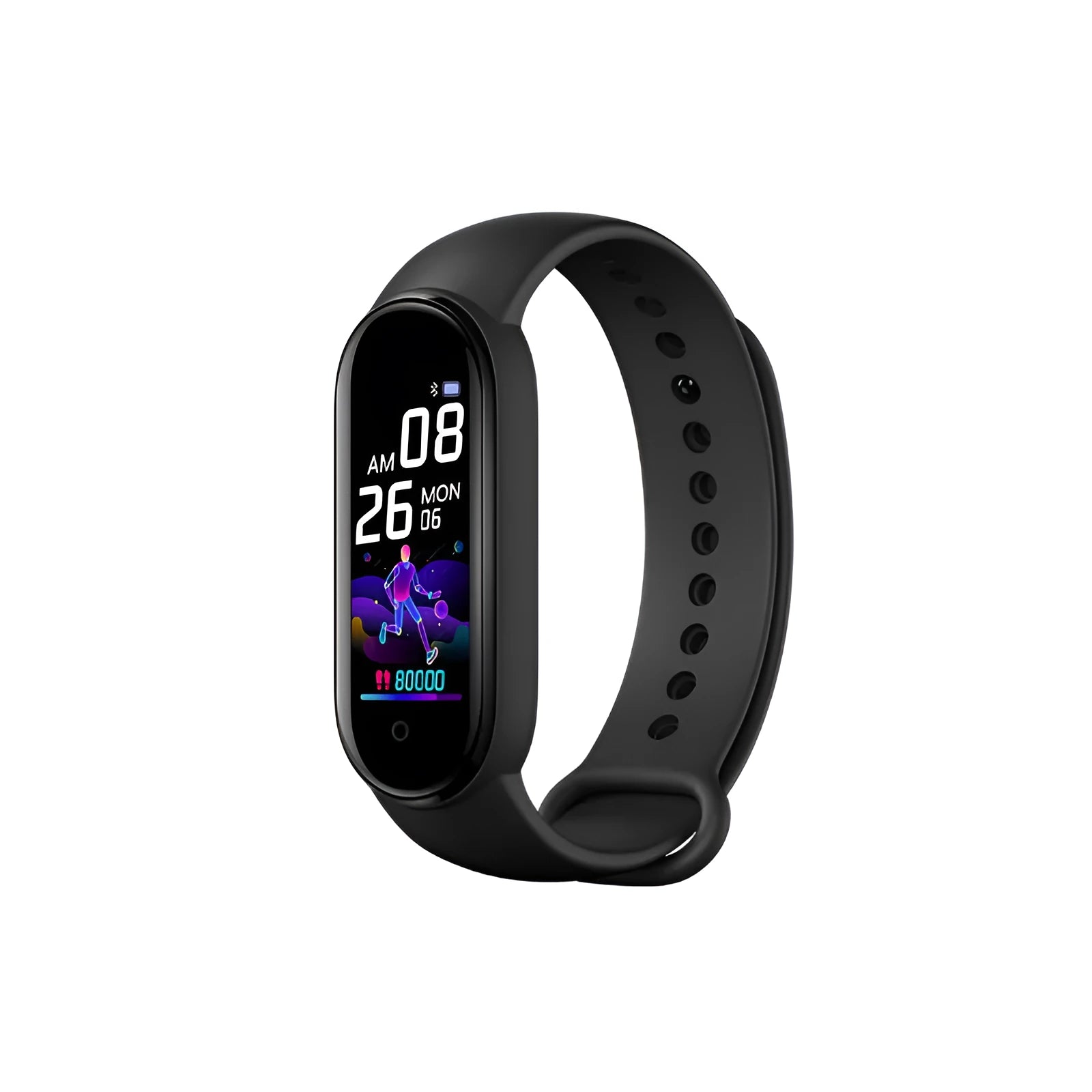 M5 Smart Bracelet in black on a wrist, showing the 0.96-inch screen displaying fitness metrics.